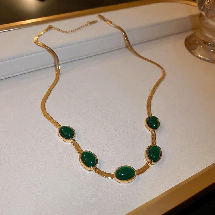 Mello Nest Oval Green Crystal Pendant Necklace and Bracelet Jewelry Set