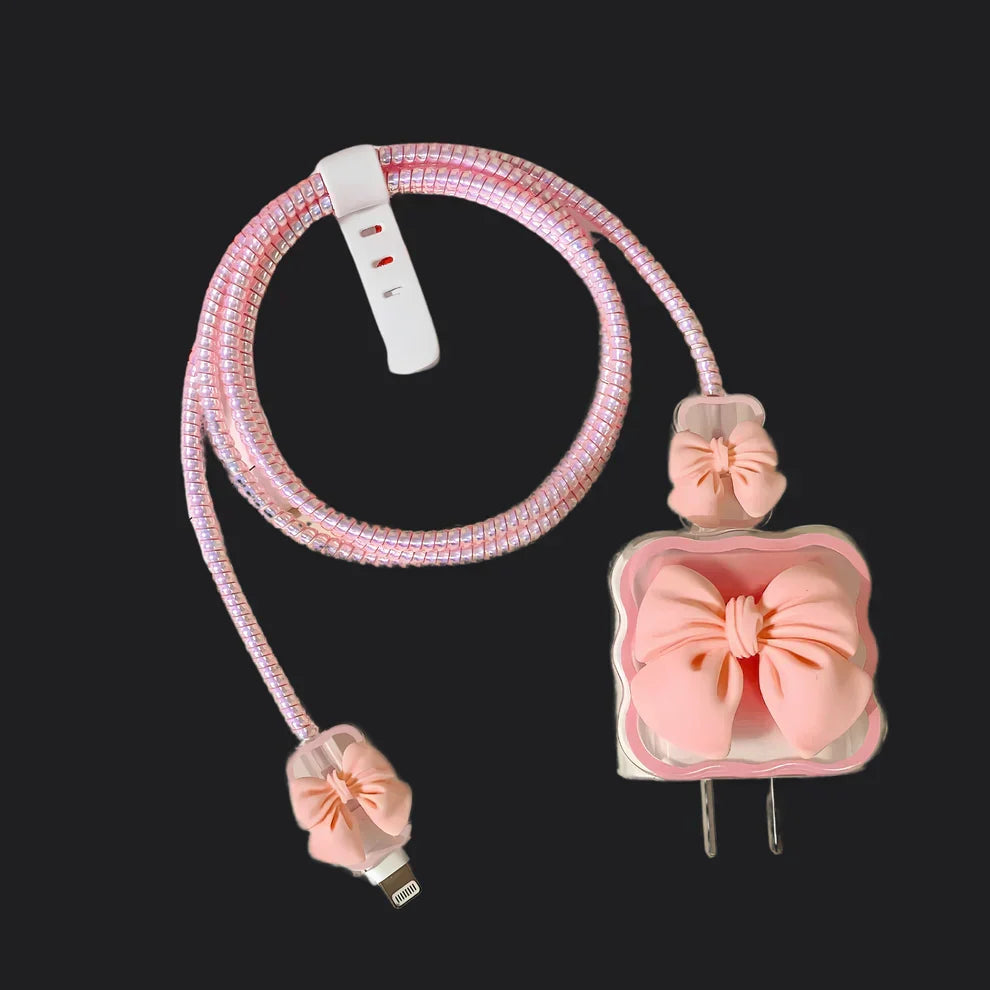 Peach Bow Charger Protector Set for iPhone 20W Adapter