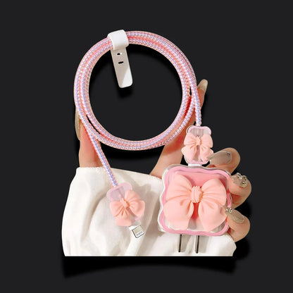 Peach Bow Charger Protector Set for iPhone 20W Adapter
